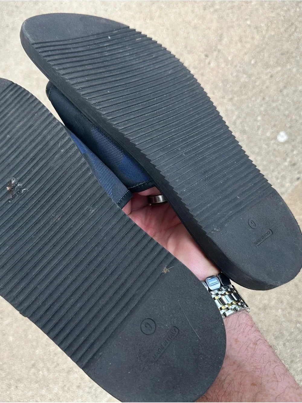 Barneys New York Black Slide Sandals with Blue Camo Strap
